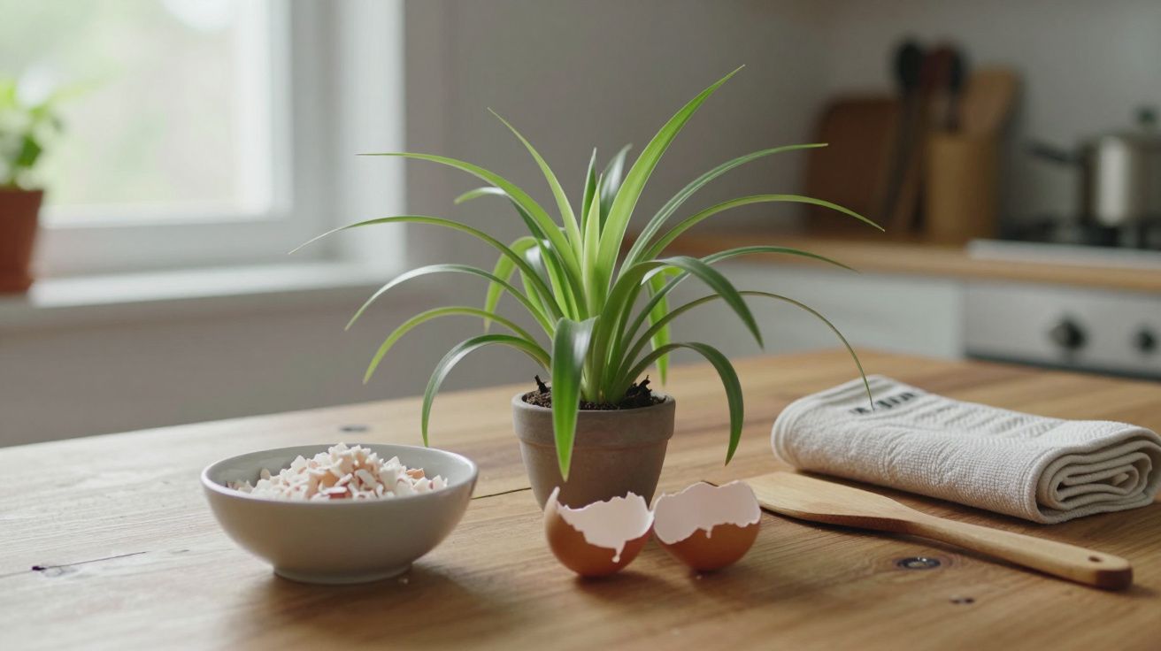 Potted plant on kitchen table with bowl of eggshells, wooden spoon, and folded cloth in natural light.