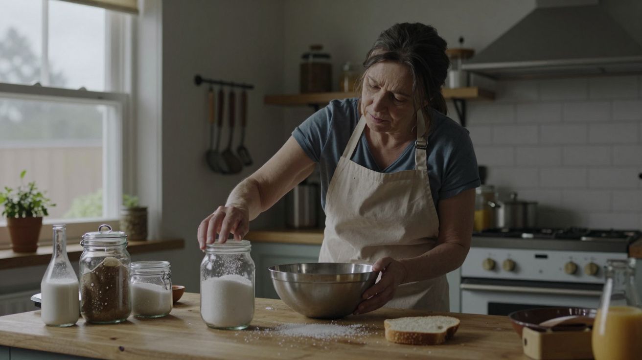 Woman in apron baking, measuring ingredients at a wooden kitchen counter with jars and bread, sunlit window in background.