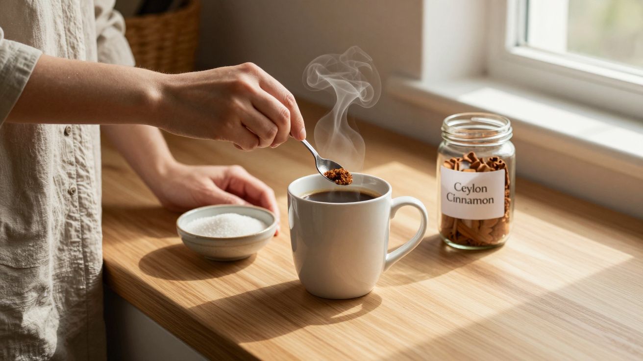 Person adding spices to steaming mug beside sugar and Ceylon cinnamon jar on wooden counter.