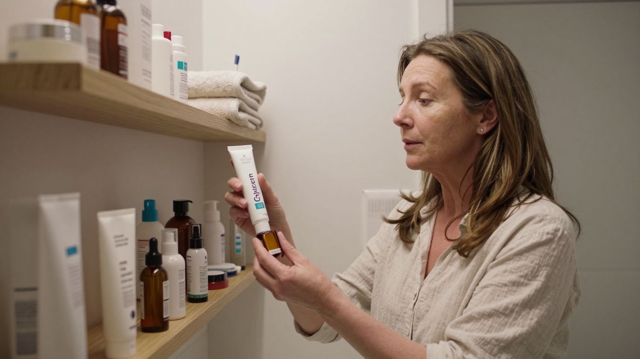 Woman examining skincare product tube on a shelf in a bathroom.
