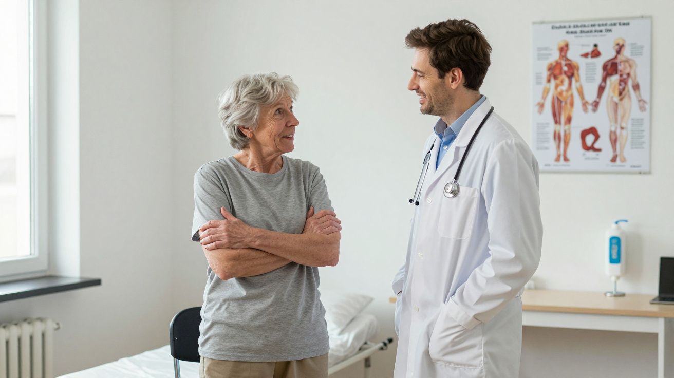 Doctor in a white coat talks with an older woman in a medical office.