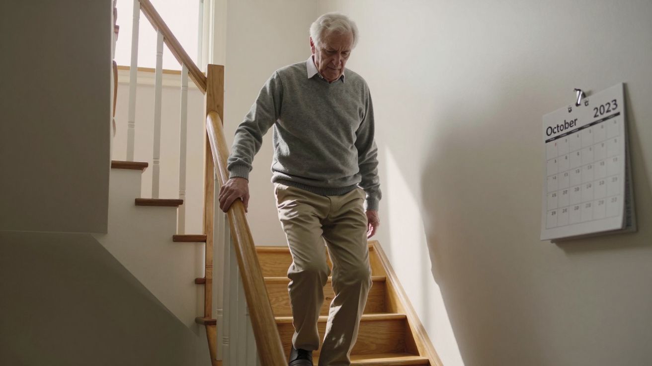 Elderly man descends wooden stairs at home, holding railing, passing a wall calendar showing October 2023.
