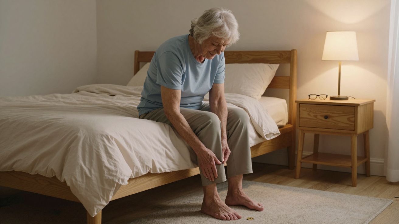 Elderly person sitting on bed, touching ankle, wearing a blue shirt; beside a wooden nightstand with a lamp and glasses.