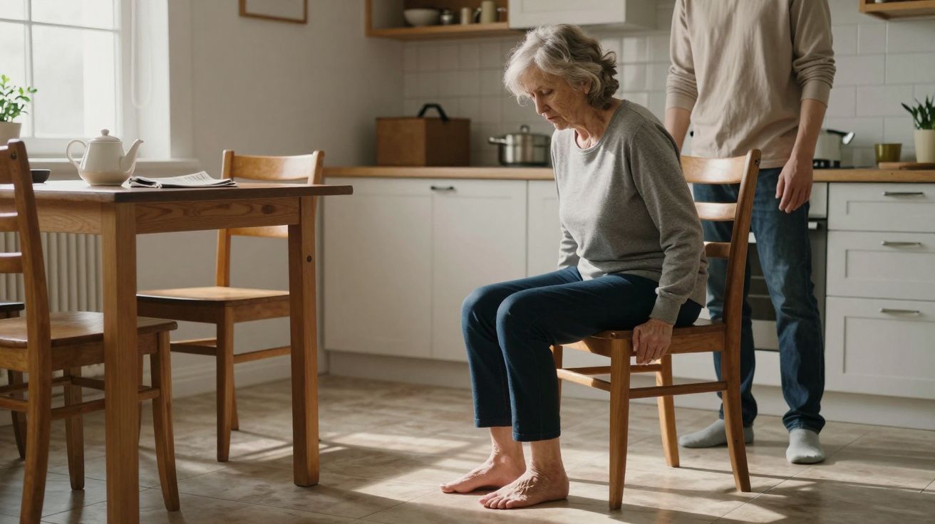Elderly woman sitting on a chair in a kitchen, assisted by a person standing nearby.