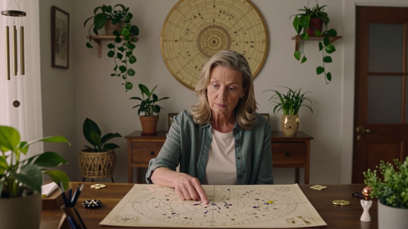 Woman studying a star chart at a wooden table surrounded by plants and a circular wall map.