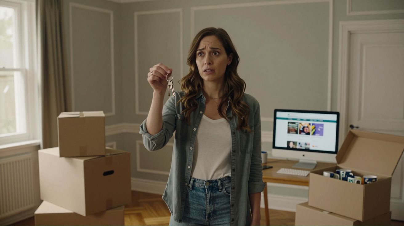 Woman holding keys in a room with moving boxes and a computer on a desk, looking surprised.