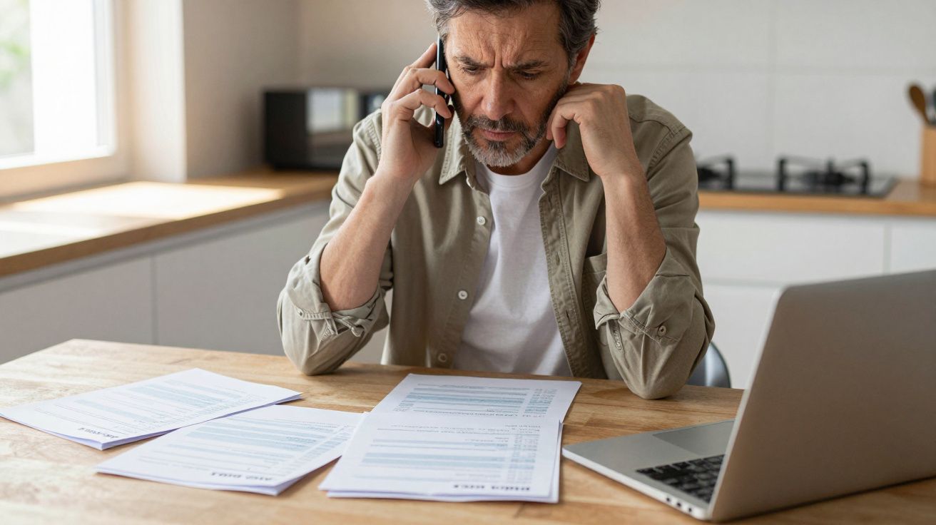 Man on phone reviewing bills at kitchen table with laptop.