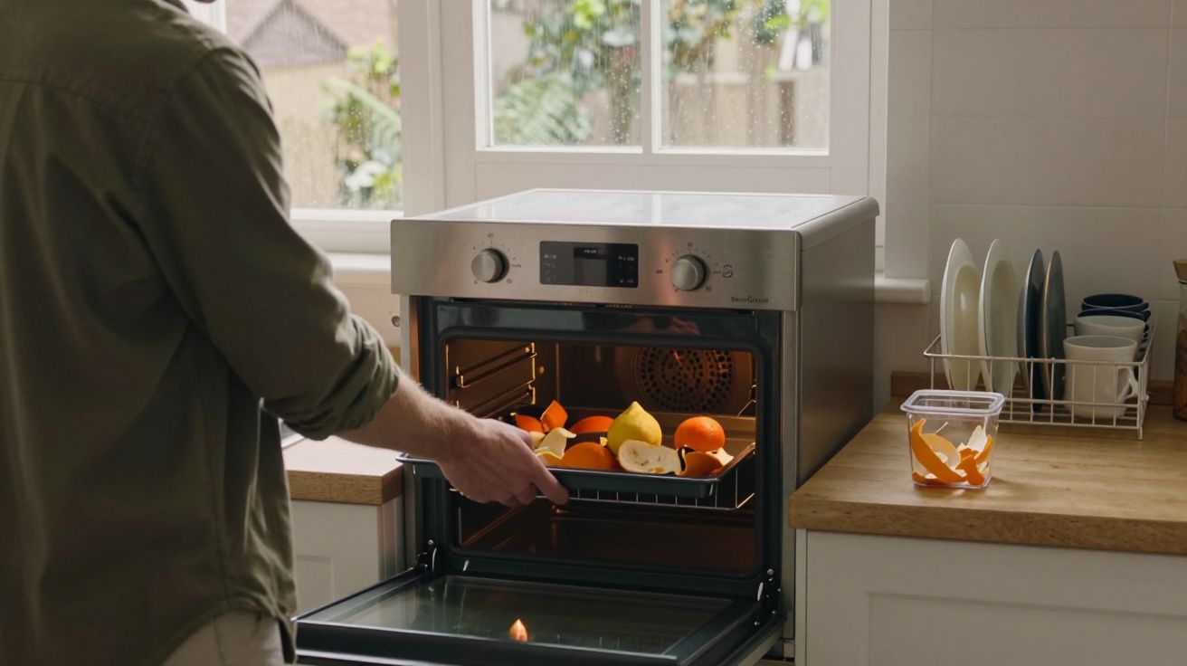 Person placing sliced fruit into a kitchen oven with a dish rack and window in the background.