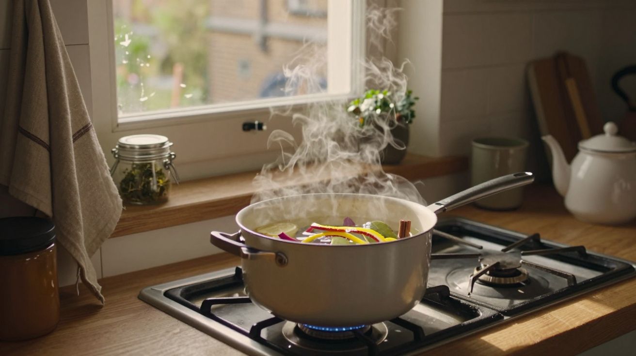 Steaming saucepan with sliced vegetables on a gas stove by a kitchen window.