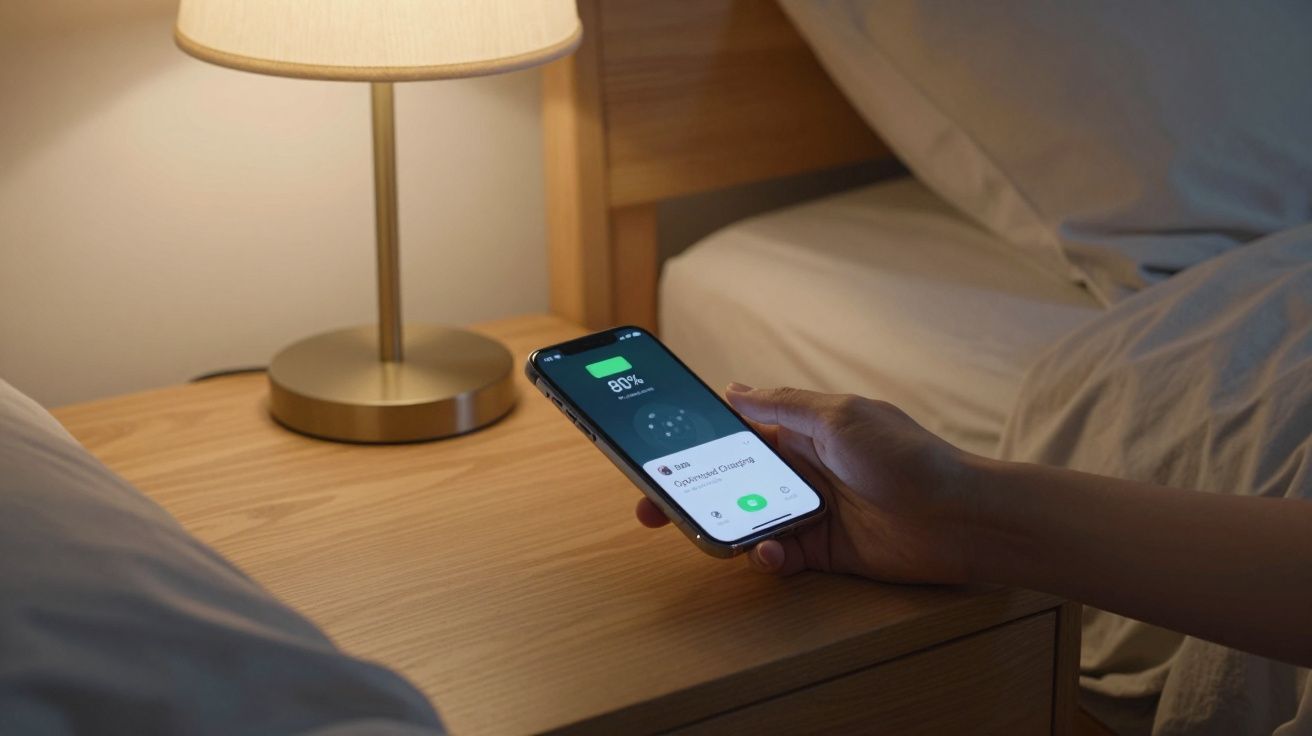 Hand holding a smartphone on a bedside table showing 80% battery, next to a lamp and a bed.