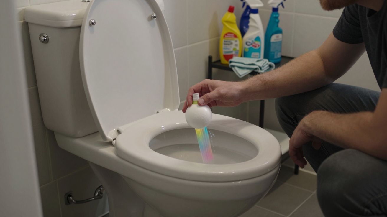 Person adding a colourful toilet cleaner ball to a white toilet in a bathroom with various cleaning products on a shelf.