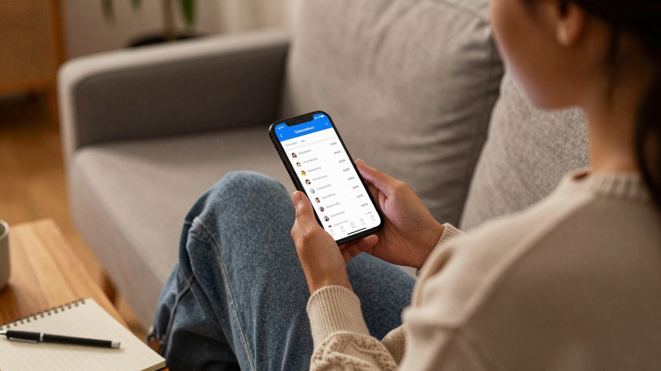 Person seated on sofa using a smartphone with a messaging app open, notebook and mug on side table.