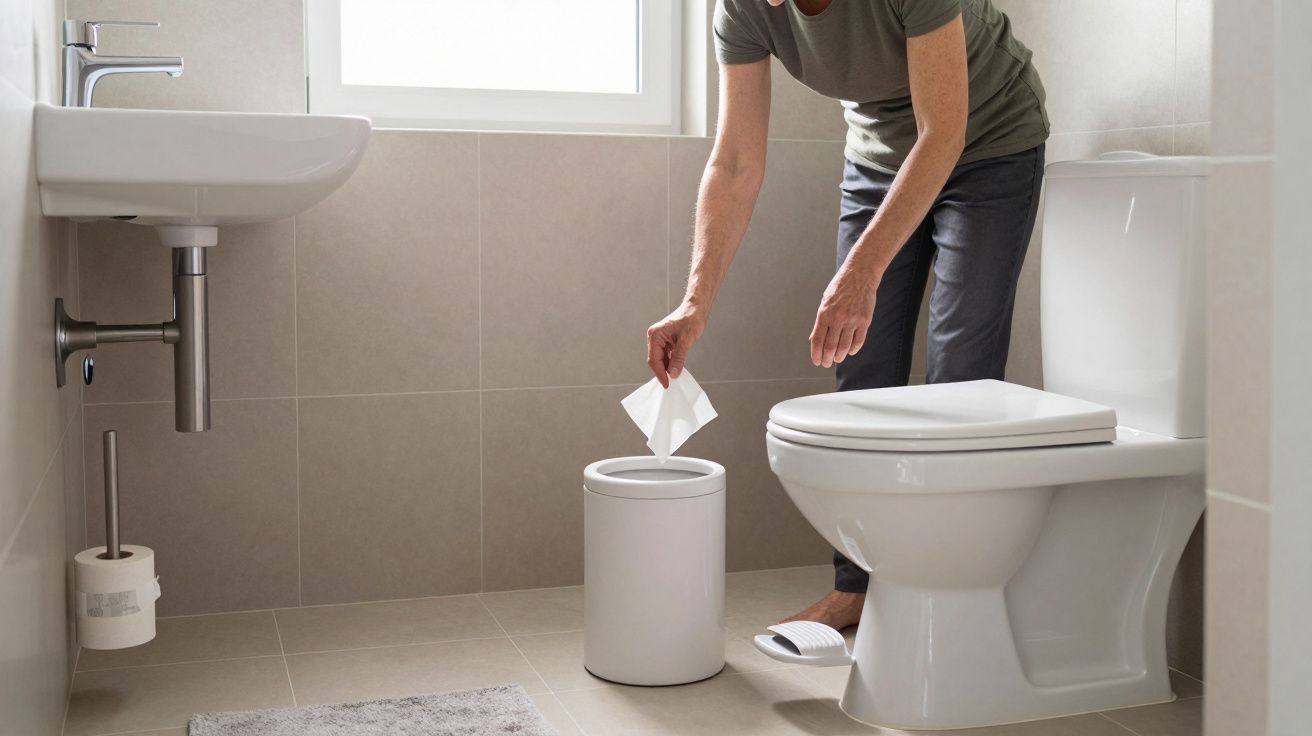 Person disposing tissue into bin beside toilet in modern bathroom.