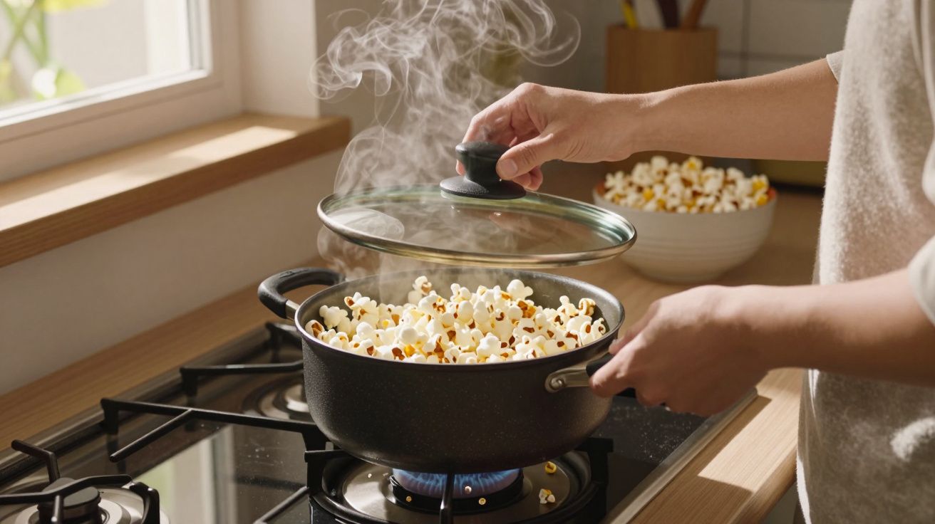 Person lifting lid from pot of steaming popcorn on a stove, with a bowl of popcorn in the background.