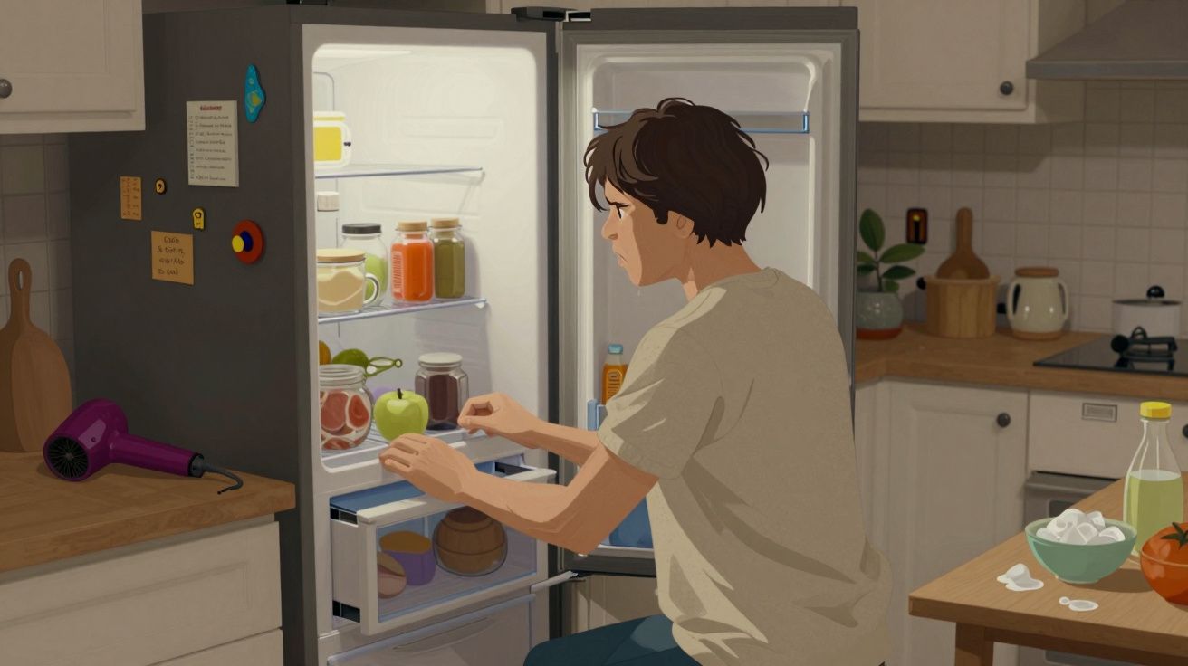Person in kitchen looking into an open fridge filled with food jars and drinks, countertop with cooking items visible.