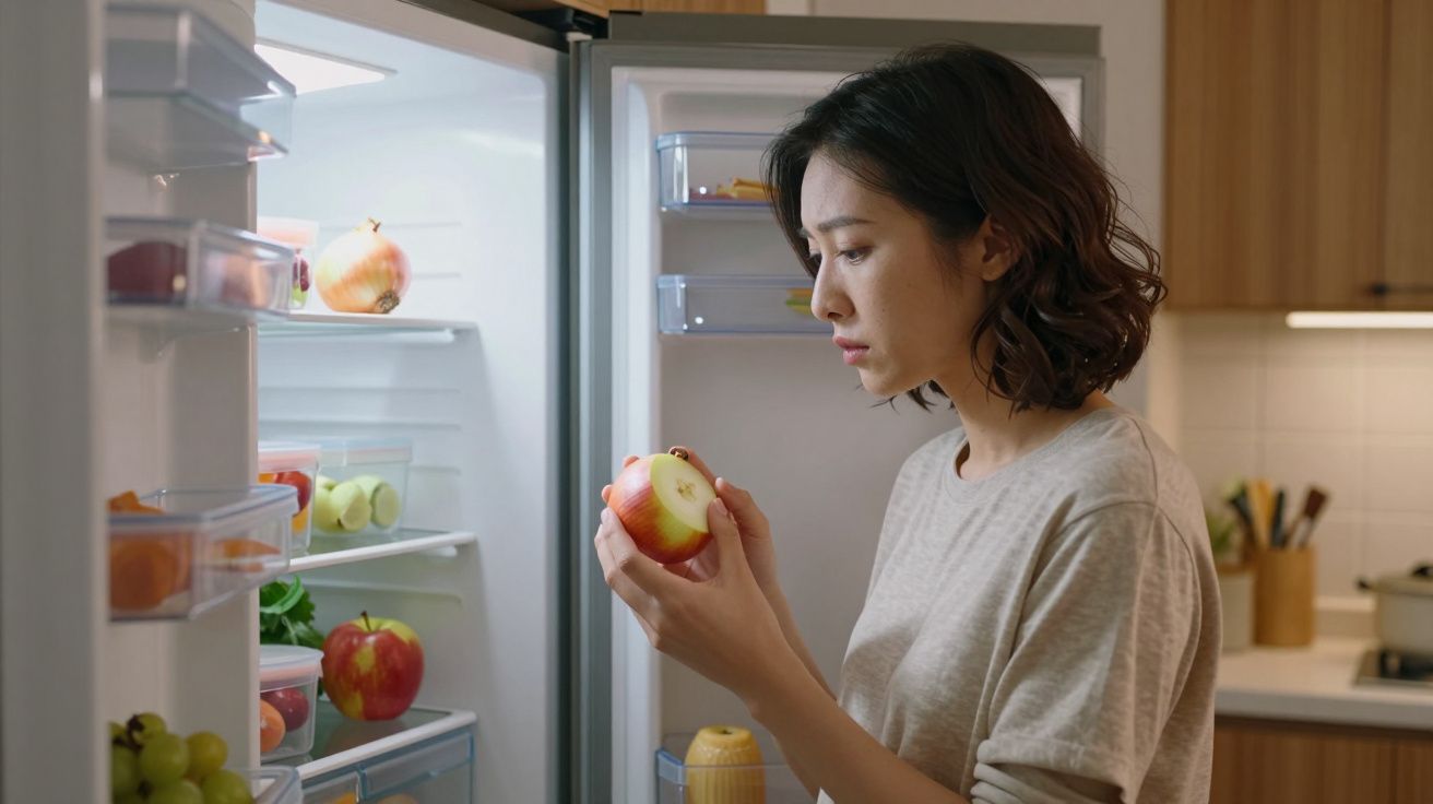 Woman holding an apple, standing by an open fridge filled with various fruits in a kitchen.