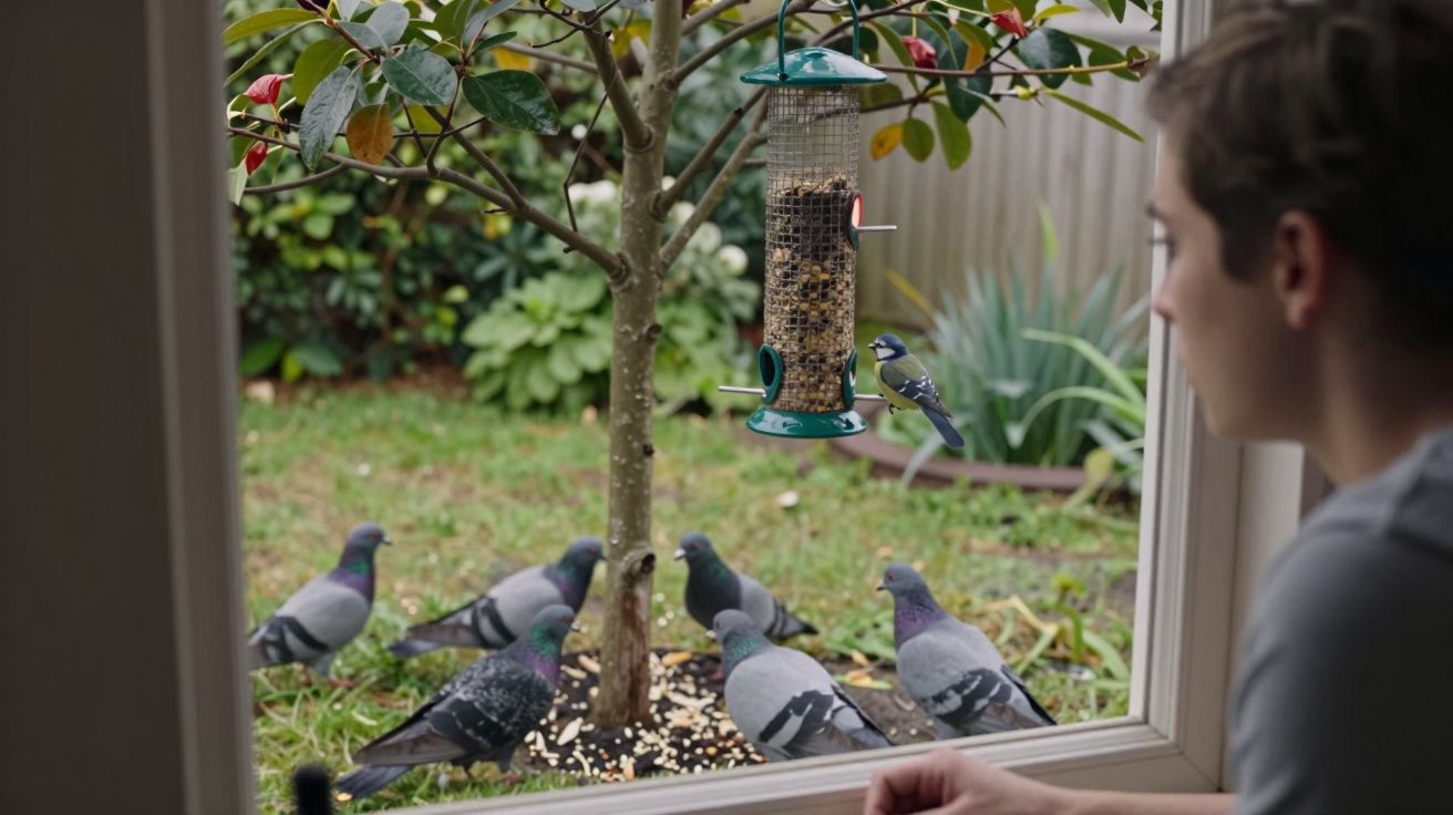 Person watching pigeons and a blue tit at a bird feeder outside a window in a garden.