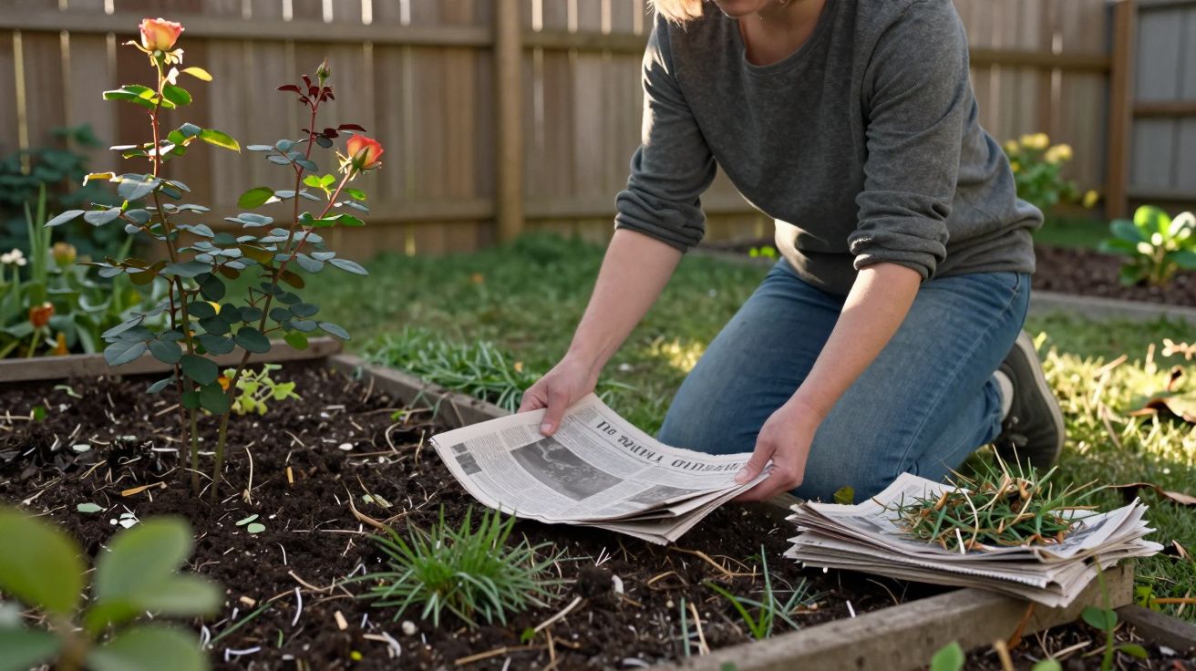Person in garden laying newspaper around a rose bush in a wooden flowerbed on a sunny day.