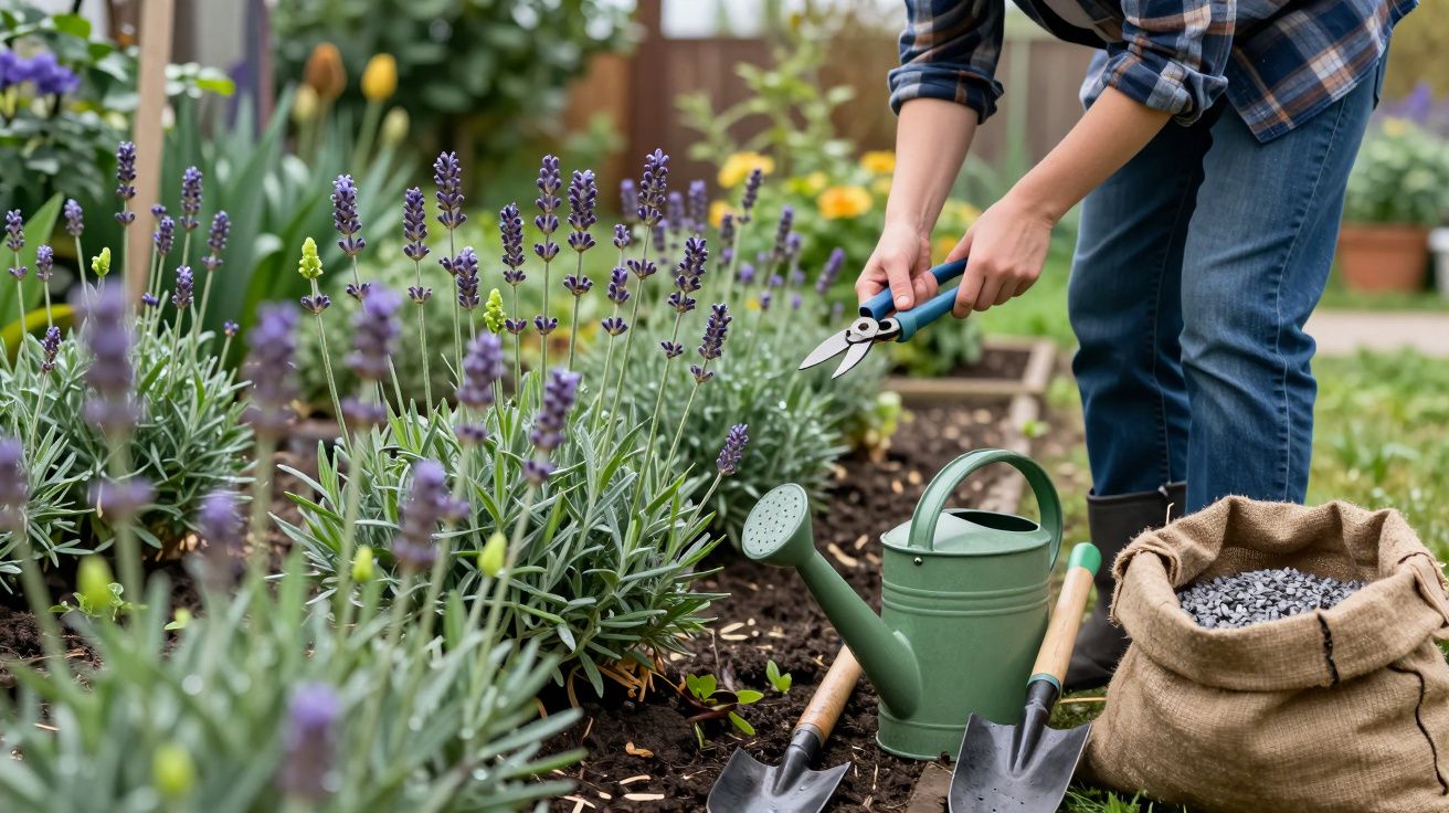 Person pruning lavender in a garden with pruning shears, surrounded by a green watering can, trowels, and a sack of soil.