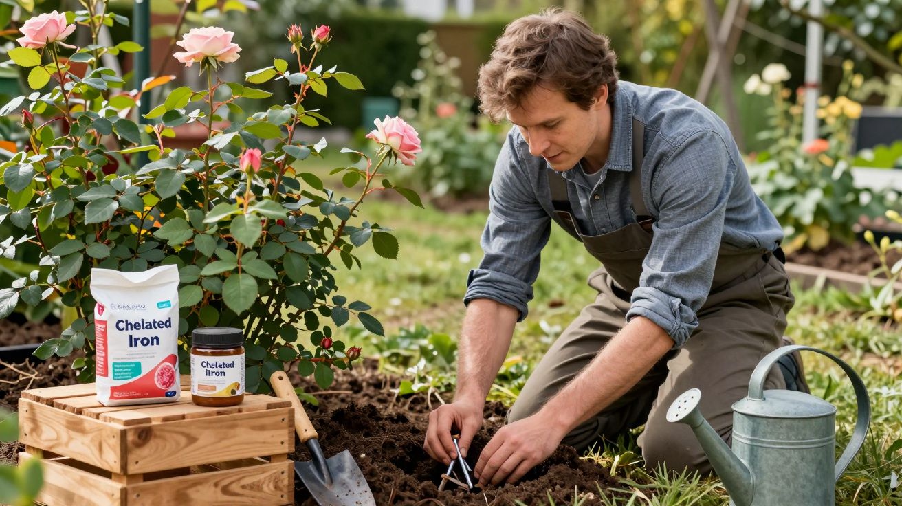 Man tending roses in a garden, using chelated iron. Gardening tools and watering can visible on the grass.