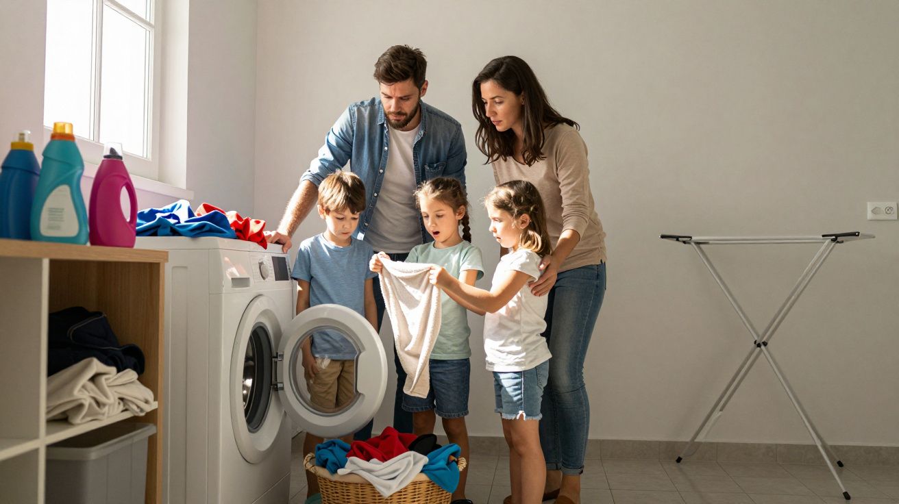 Family doing laundry together, children helping parents load washing machine in bright utility room.