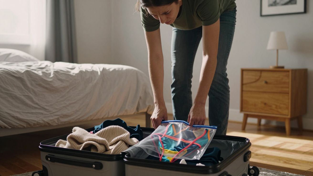 Person packing a suitcase with clothes and a clear bag of toiletries on a bedroom floor.