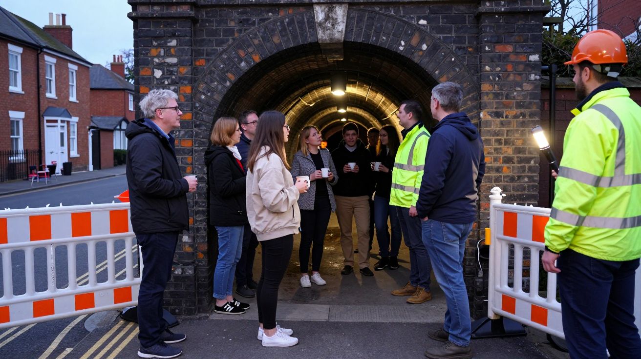 Group of people gathered near brick tunnel entrance, with two in high-visibility jackets and another in a hard hat.