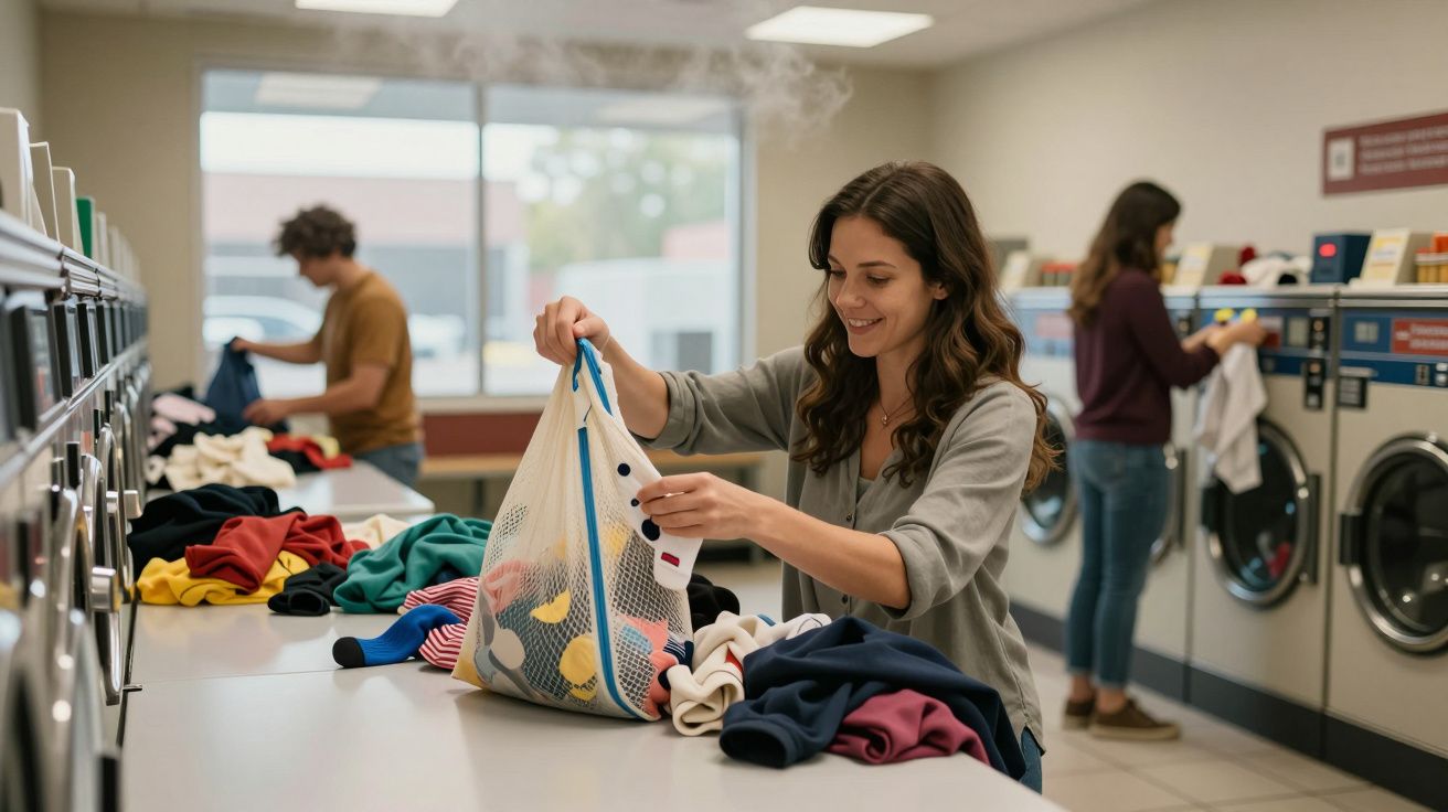 People doing laundry in a laundrette, using machines and folding clothes, with laundry bags and washed items on the counter.