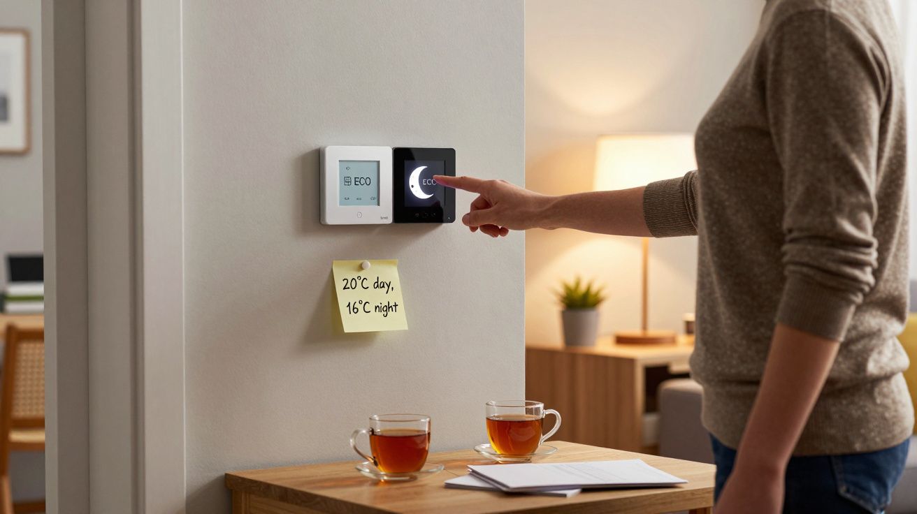 Person adjusting a smart thermostat on a wall, with two cups of tea on a table below.