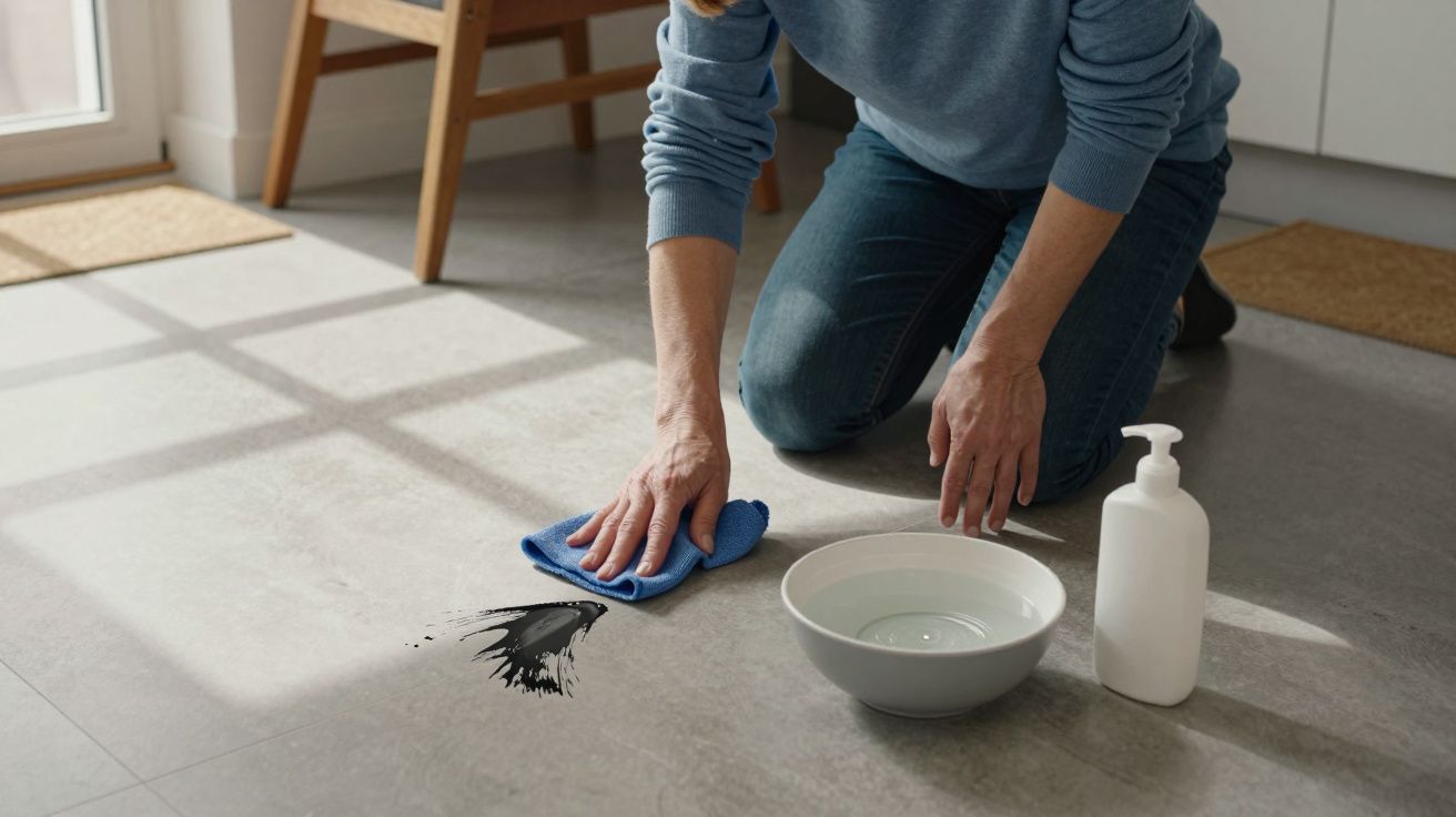 Person cleaning ink spill on floor with cloth and bowl of water nearby.