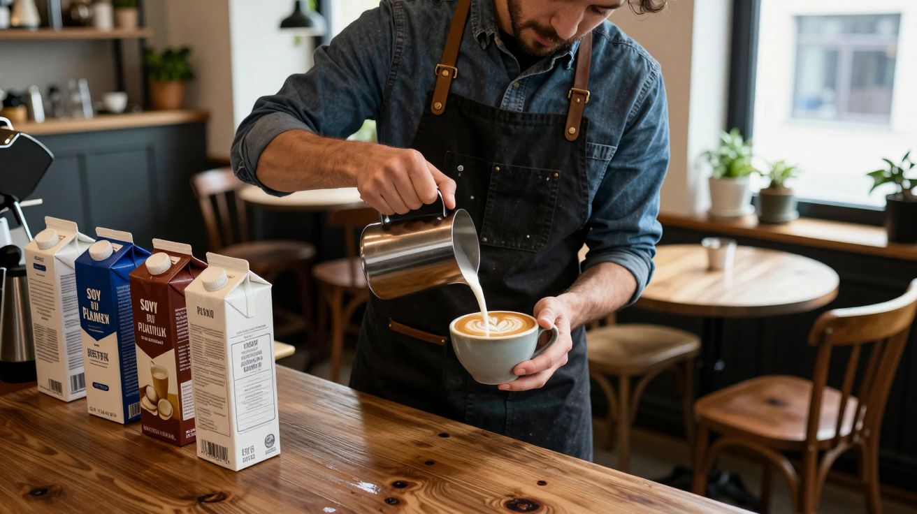 Barista pours steamed milk into a latte, surrounded by various milk cartons in a cosy café setting.