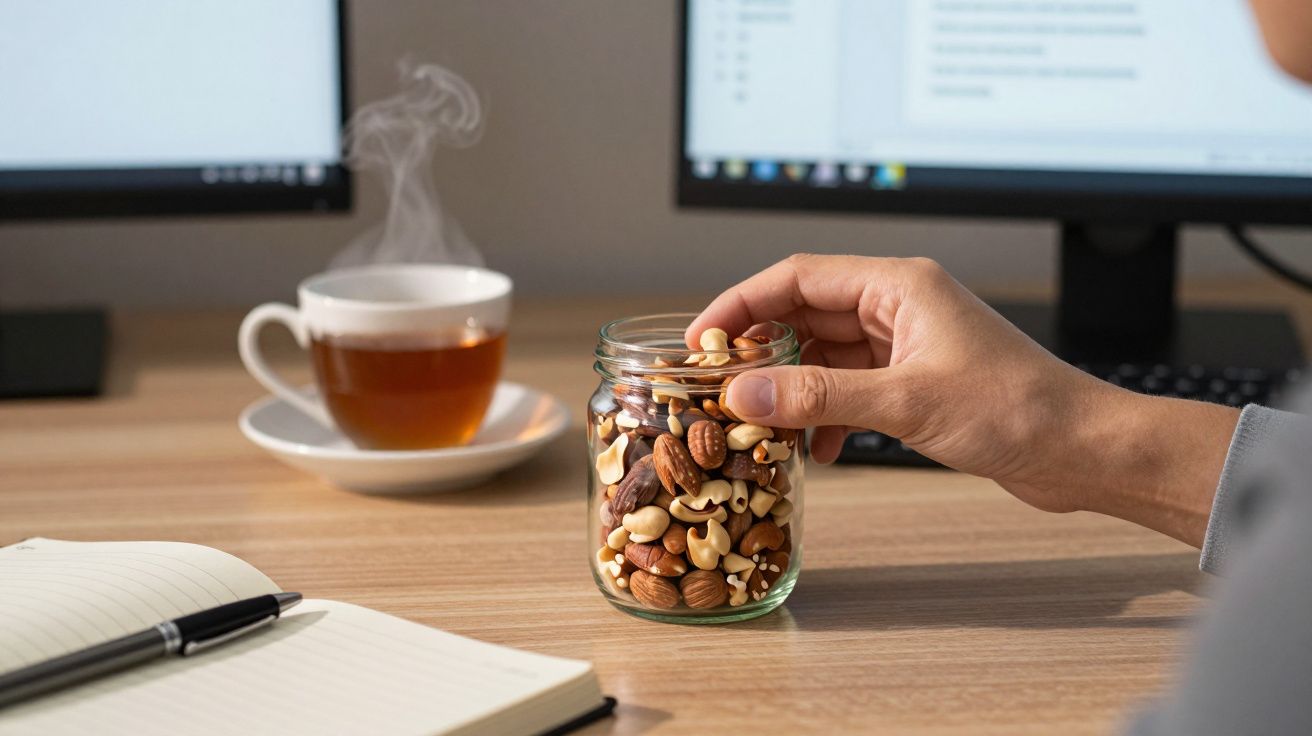 Hand holding jar of mixed nuts on desk with notebook, pen, tea, and computer screens in background.