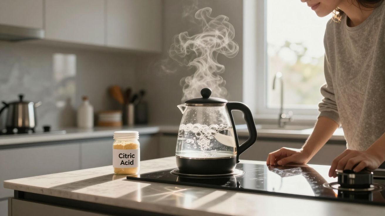 Person boiling water in a glass kettle on a stove, with a jar of citric acid on a modern kitchen counter.