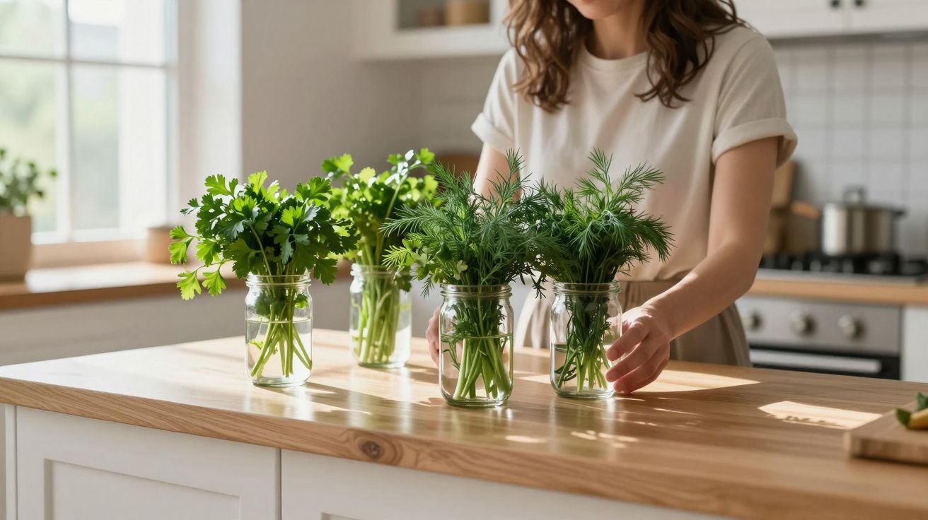 Person arranging jars of fresh herbs on a kitchen worktop.