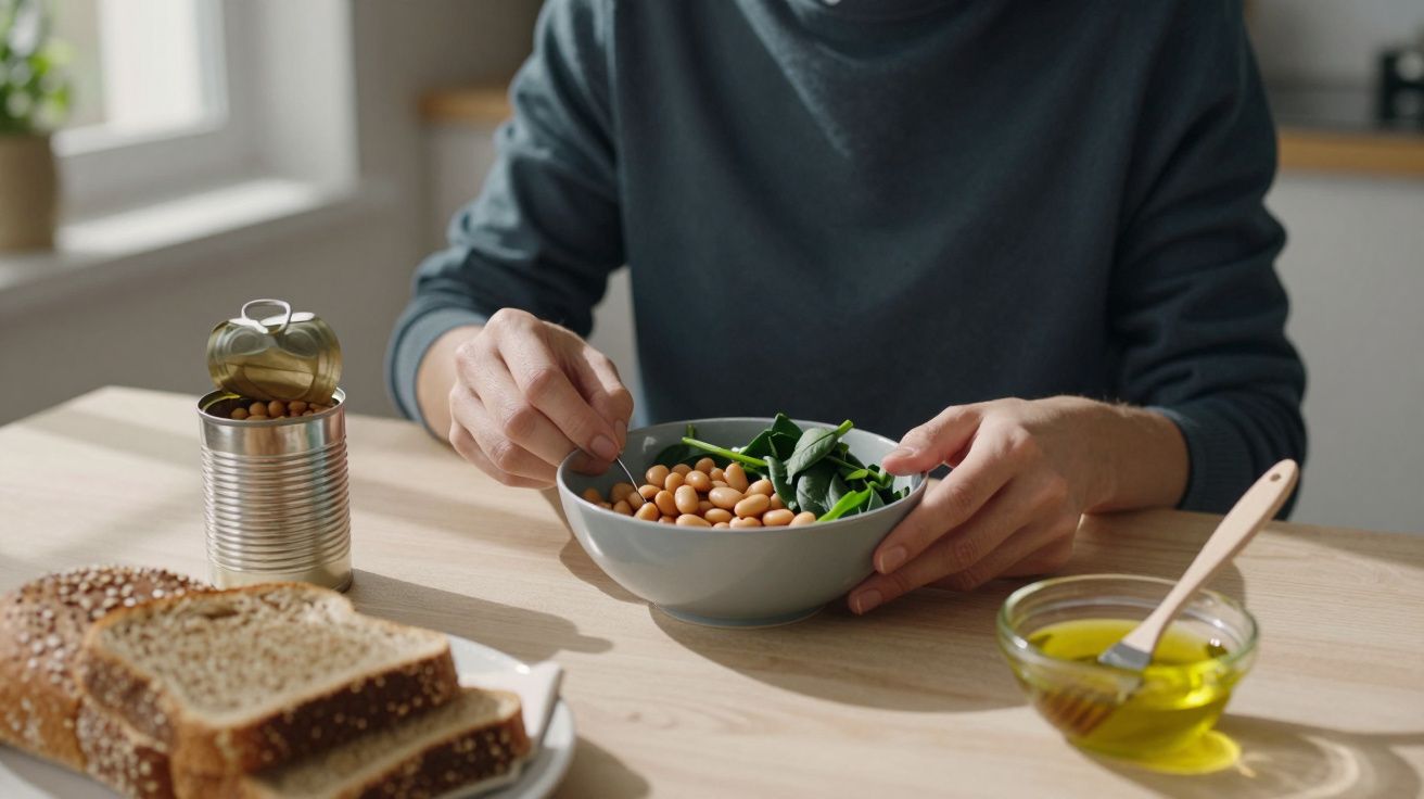 Person preparing a salad with beans and greens at a wooden table, with bread, olive oil, and an open can of beans nearby.