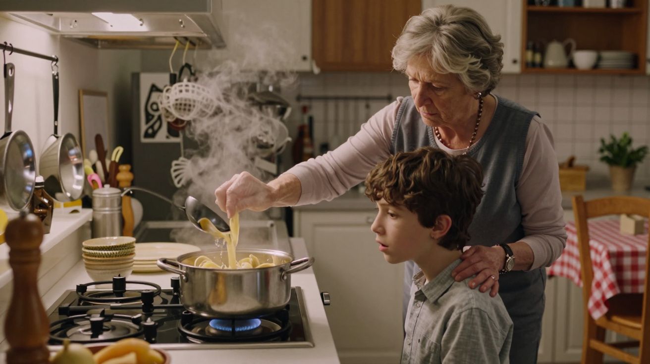 Elderly woman teaches young boy to cook pasta over stove in cosy kitchen setting. Steam rises from the pot.