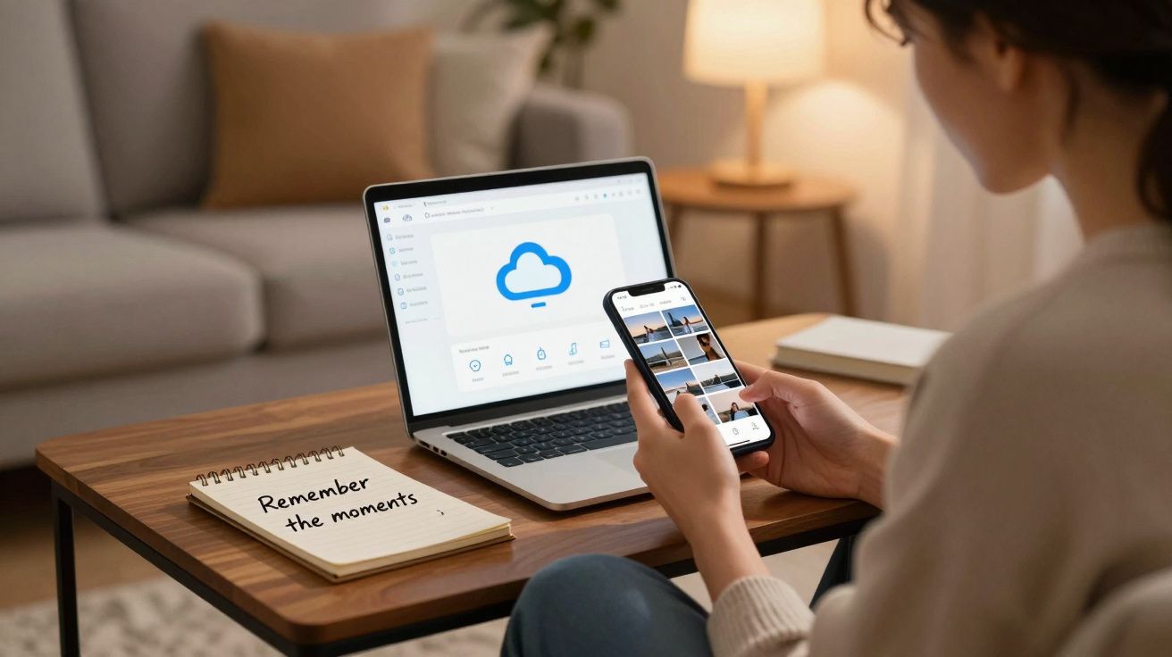 Person using a smartphone and laptop with cloud icons, next to a notebook saying "Remember the moments" on a table.