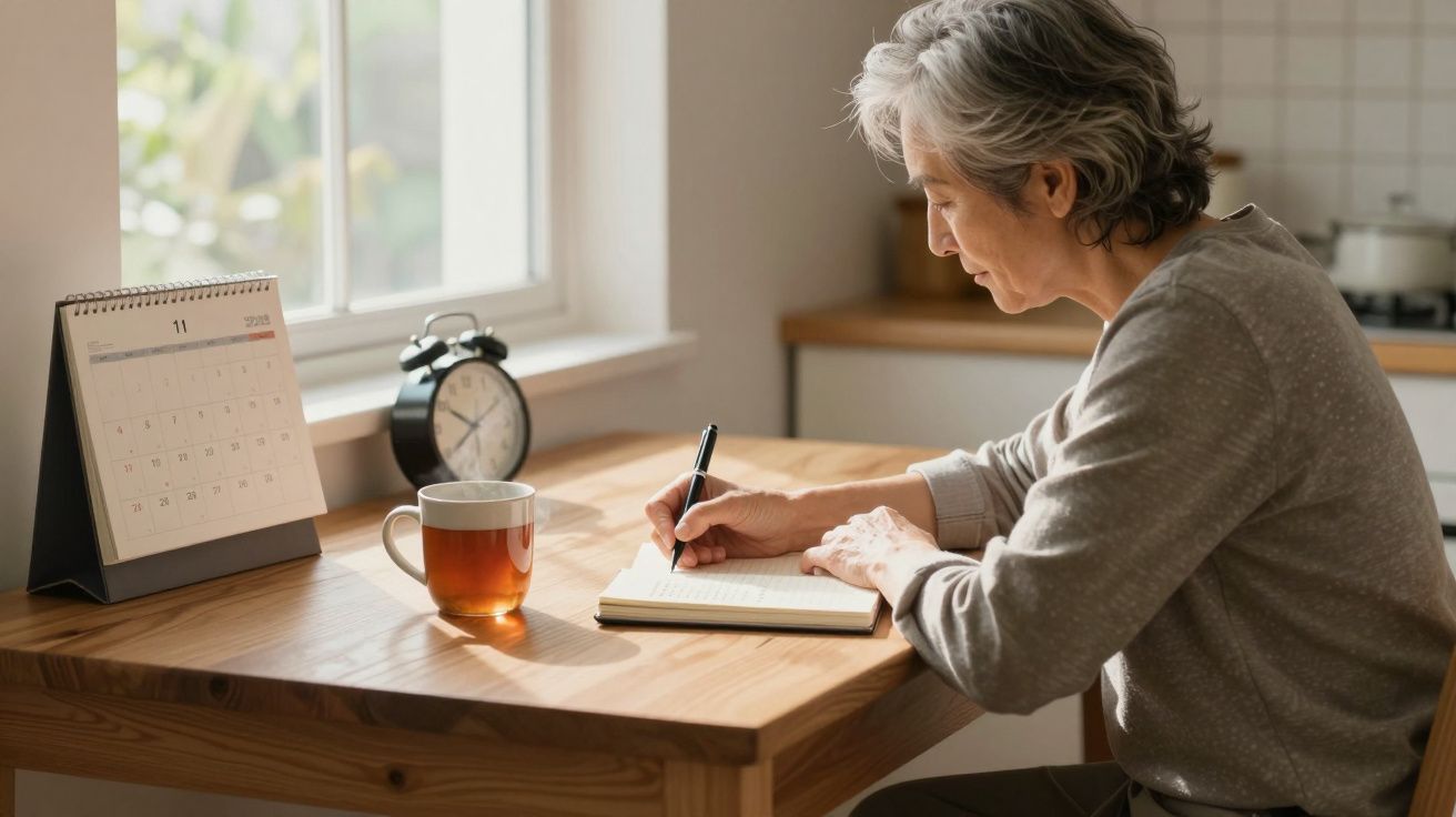 Older woman writing at a kitchen table with tea and calendar nearby in soft daylight.