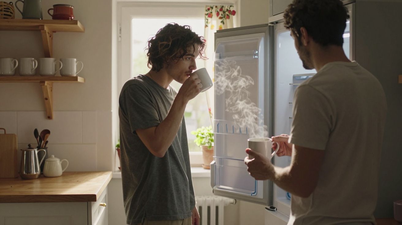 Two people standing by an open fridge, sipping hot drinks with steam rising from mugs, in a bright kitchen.