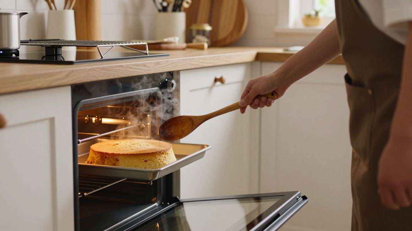Person checking a cake with a wooden spoon in an oven in a bright kitchen setting.
