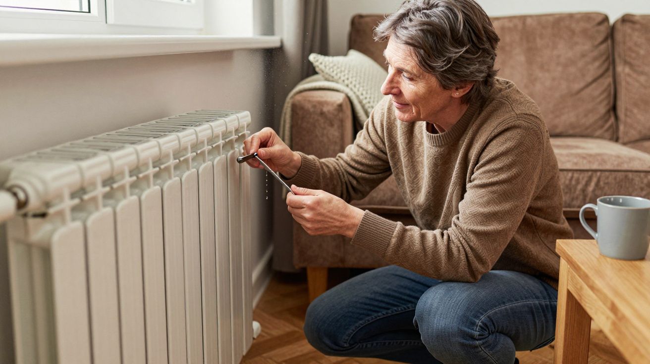 Person bleeding a radiator with a key in a cosy living room.