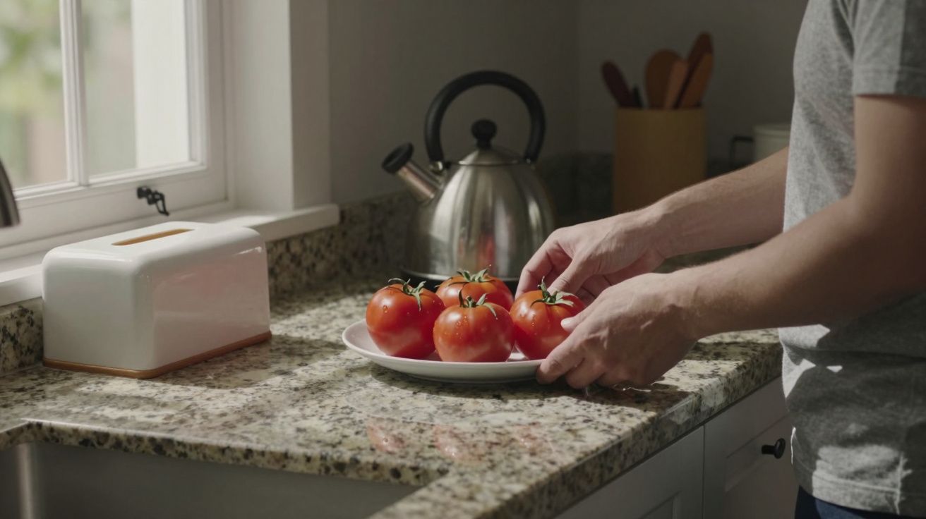 Person placing a plate of fresh tomatoes on a granite kitchen counter near a window, kettle, and breadbox.