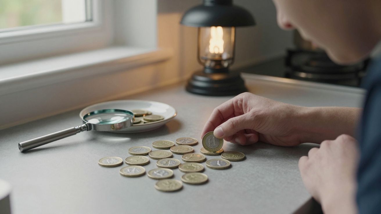 A person examines coins on a kitchen counter near a lamp, with a magnifying glass and a plate beside them.