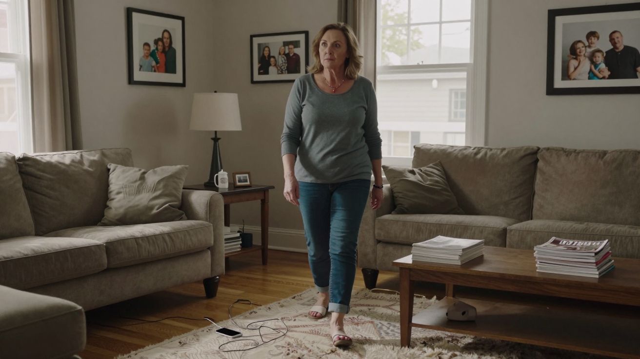 Woman walking in living room with beige sofas, family photos on walls, and magazines on coffee table.