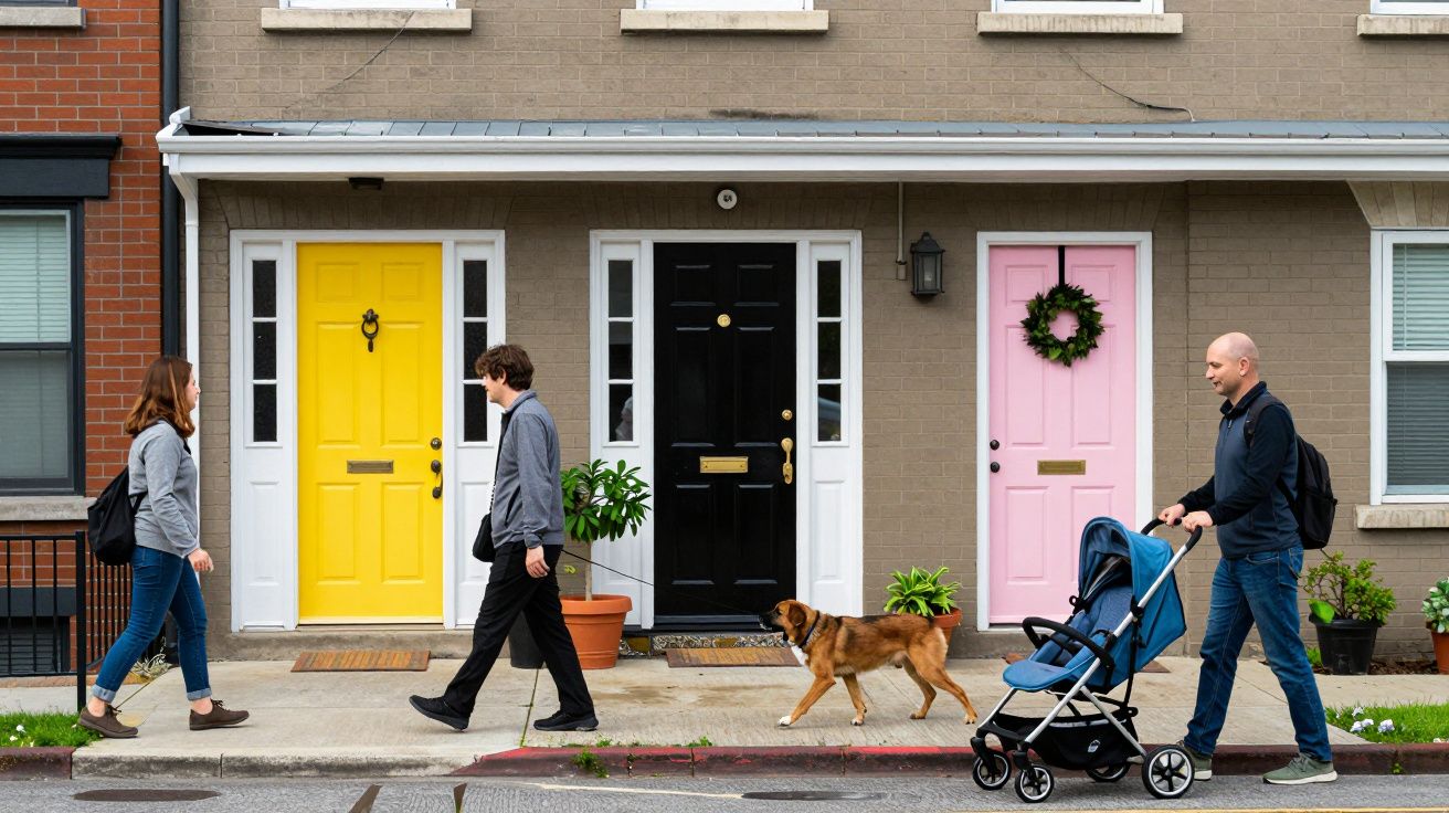 People walking past colourful doors, one with a dog, one with a pram, on a city street with plants on the pavement.