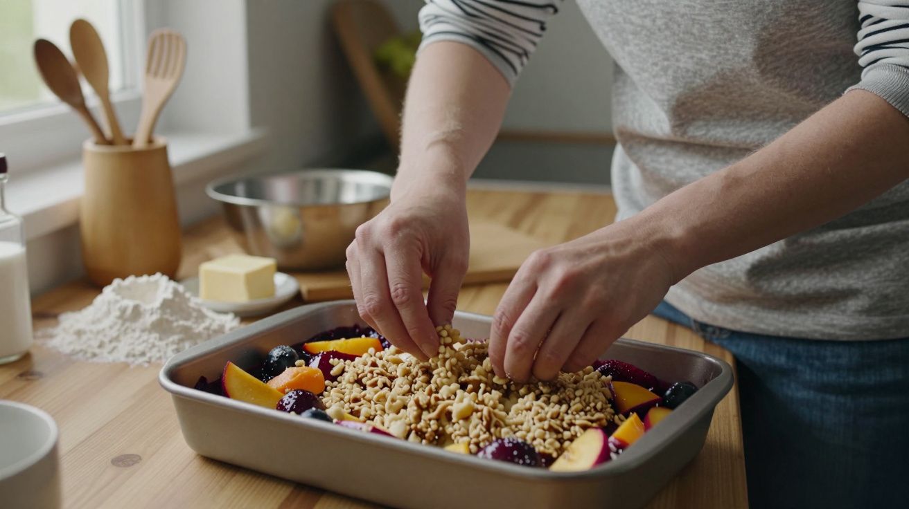 A person preparing fruit crumble in a baking dish on a wooden kitchen counter.