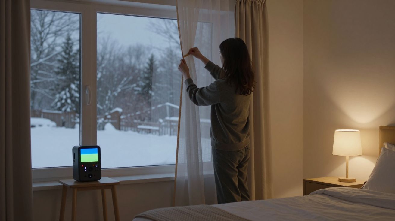 Person adjusting curtains in a cosy bedroom, snowy landscape visible through the window, with ambient lighting.