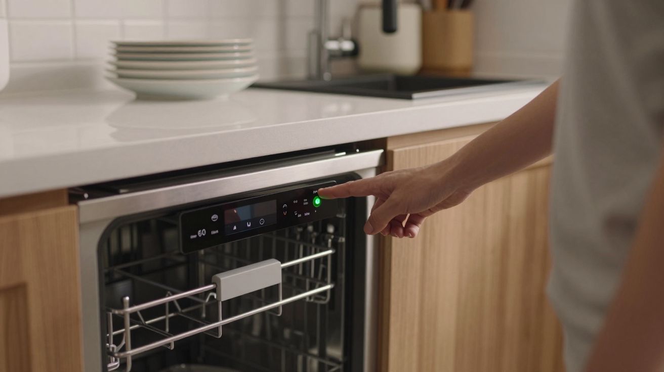 A hand pressing the start button on a modern dishwasher in a kitchen.