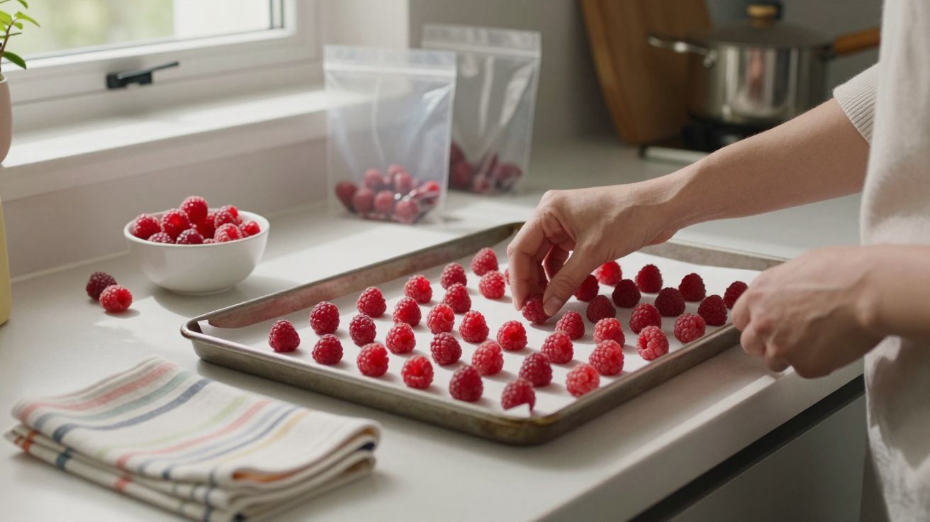 Person arranging raspberries on a baking sheet in a bright kitchen, near stacked towels and resealable bags.