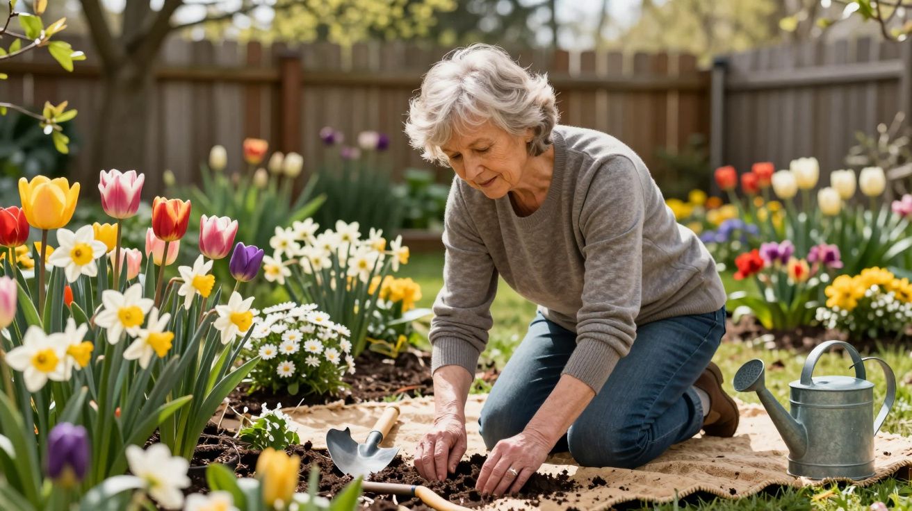 Elderly woman gardening, surrounded by tulips and daffodils, with a watering can and tools on the ground.